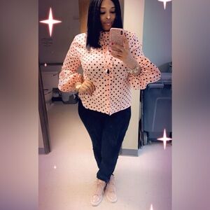 Elegant,pink and black polkadots, ruffle button-down flair sleeves casual blouse